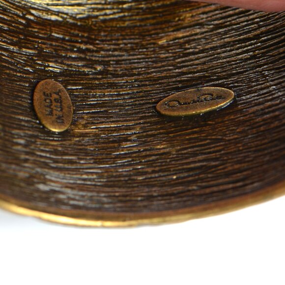 Vintage Oscar de la Renta Crystal & Coral Cabochon Hammered Turtle Bracelet - Picture 10 of 11